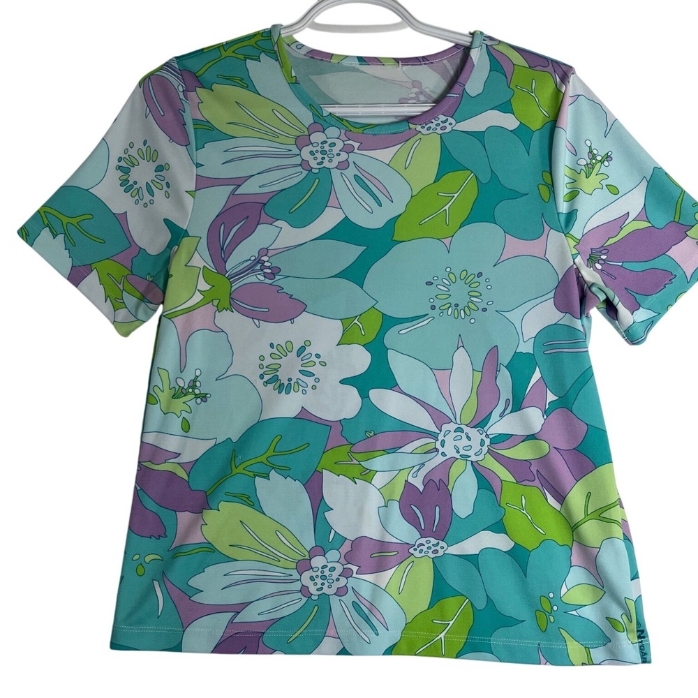 Retro 70s Floral Short Sleeve Tee Teal Purple Green Psychedelic Mod